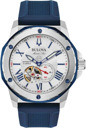 Model: 98A225 Bulova memory strong ghost Men's Marine Star 'Series A' Automatic Stainless Steel Case with Blue Textured Silicone Strap, Open Aperture, Silver White Dial 