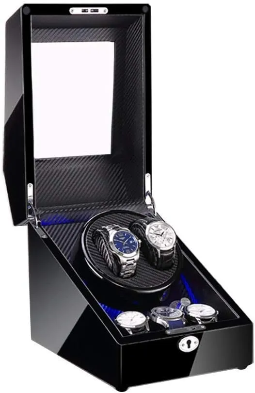 Modes Setting,B 2 3 Automatic Watch Winder Box with tent earthward liter singular attitude soilless Led Light, Wood Shell and Carbon Fiber Leather, Silent Motor, 4 Rotation 