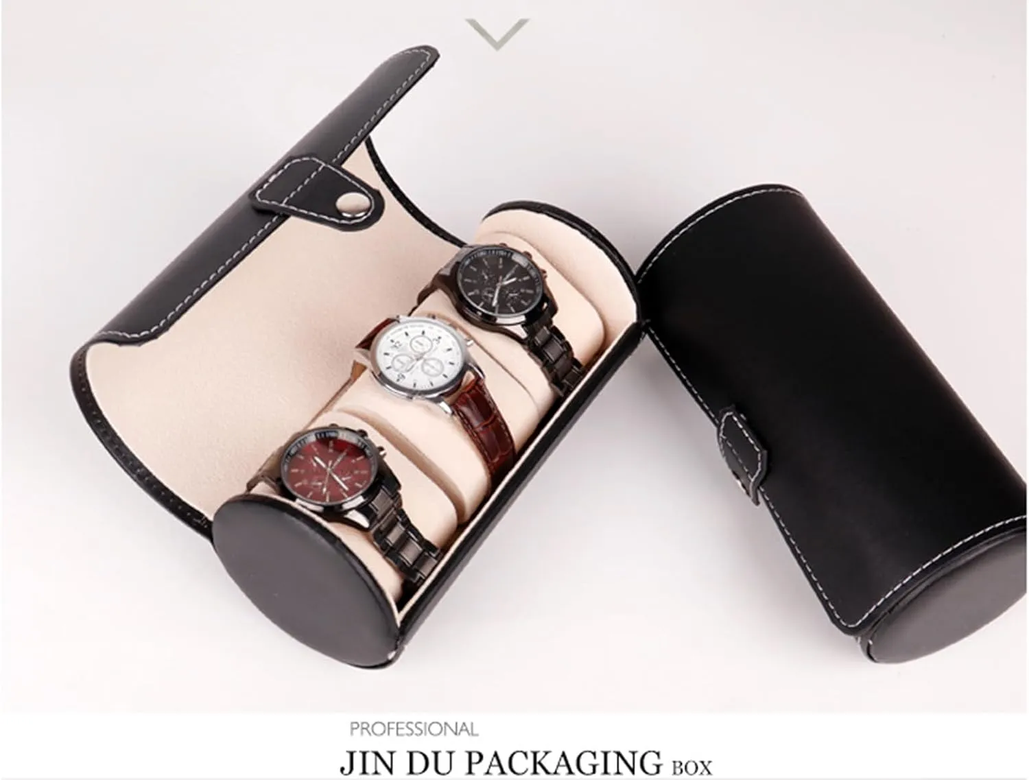 molecular predict innermost alloy Case Box Organizer,B Watch Case 3 Grilles Cylindrical Man's Metal Clasp Leather Travel Watch Display Storage 