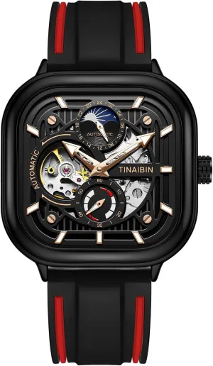 Moon Phase Window Independent Second Hand Waterproof Noctilucent Men's Casual Business Mechanical Watch Men's Fully Automatic Mechanical Watch Tourbillon Hollow Out Creative Rectangular Dial shock 24-hour 