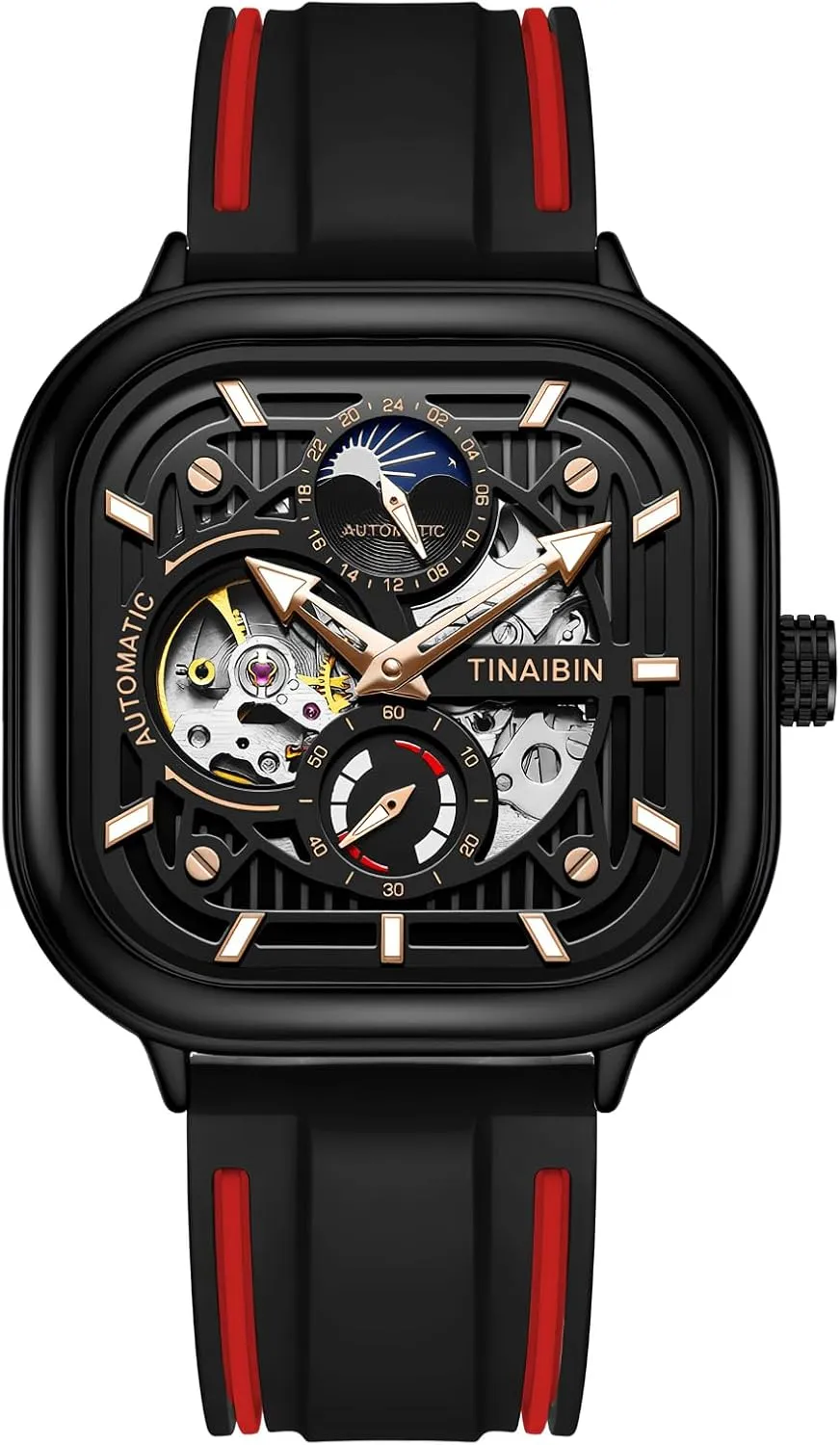 Moon Phase Window Independent Second Hand Waterproof Noctilucent Men's Casual Business Mechanical Watch Men's Fully Automatic Mechanical Watch Tourbillon Hollow Out Creative Rectangular Dial shock 24-hour 