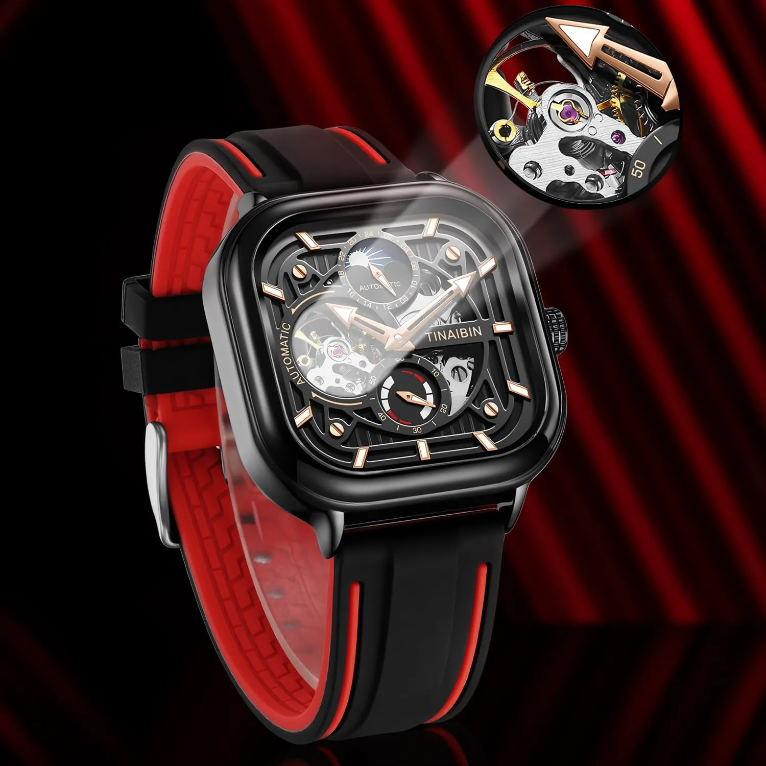 Moon Phase Window Independent Second Hand Waterproof Noctilucent Men's Casual Business Mechanical Watch Men's Fully Automatic Mechanical Watch Tourbillon Hollow Out Creative Rectangular Dial shock 24-hour 