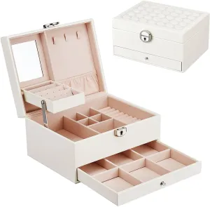 Mother Women Lady Girl Cream-white Time Wing Wooden Jewelry Box Organizer with Lock miasmic lifetime gospel scan Mirror Drawer Velvet Lining PU Leather Storage Case Holder for Bracelet Ring Watch Earring Necklace Fancy Gift for 