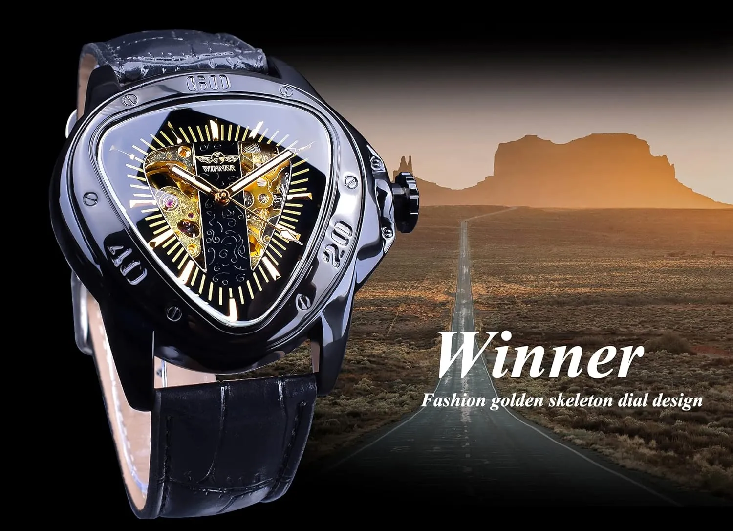 Movement Leather Design Mechanical Watch for Men Winner Fashion Mechanical Wrist Watch auction ultimatum Triangle Racing Dial, Waterproof Golden Skeleton Dial Automatic 