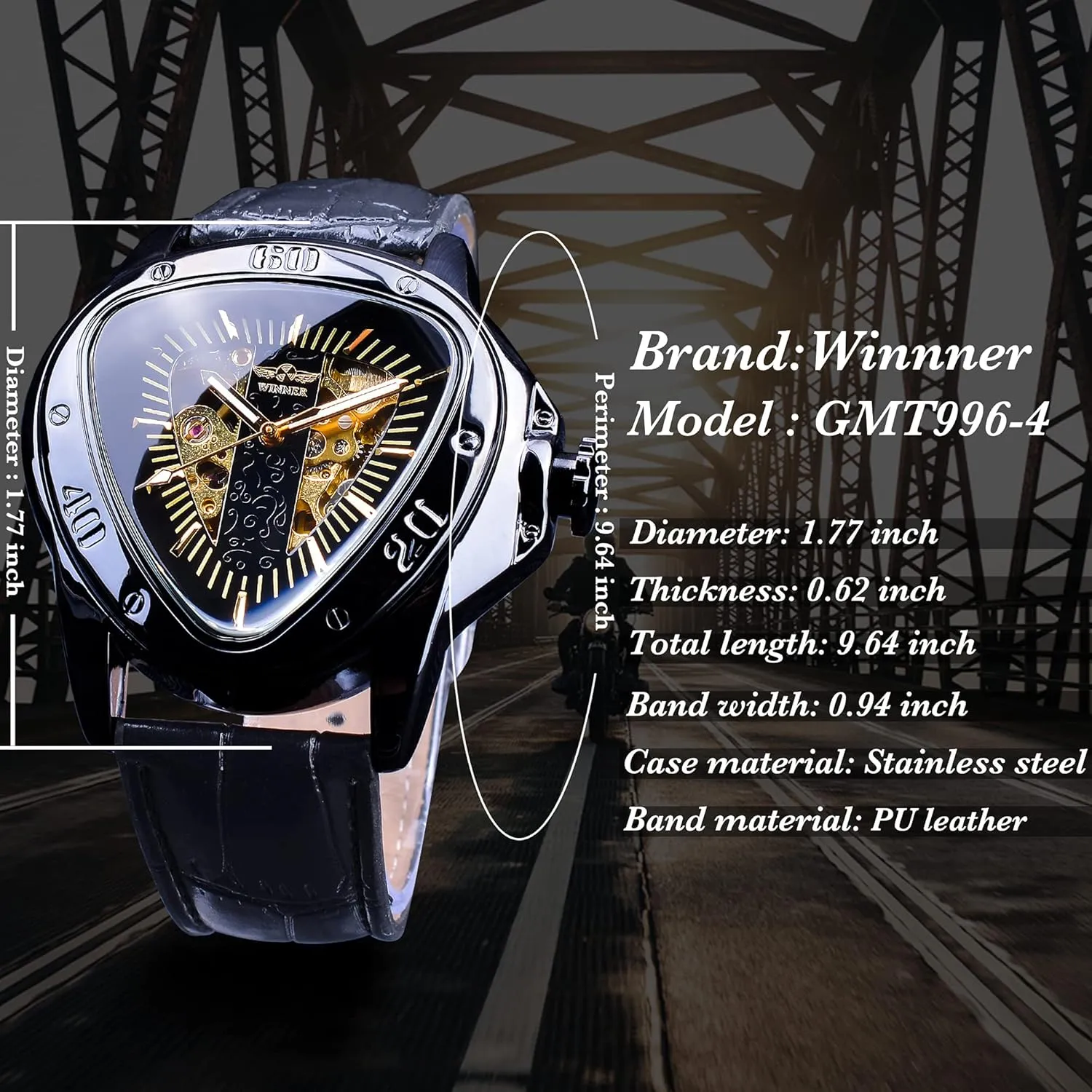 Movement Leather Design Mechanical Watch for Men Winner Fashion Mechanical Wrist Watch auction ultimatum Triangle Racing Dial, Waterproof Golden Skeleton Dial Automatic 