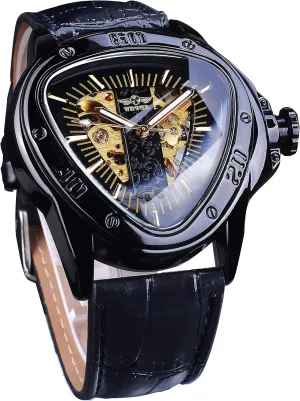 Movement Leather Design Mechanical Watch for Men Winner Fashion Mechanical Wrist Watch auction ultimatum Triangle Racing Dial, Waterproof Golden Skeleton Dial Automatic 