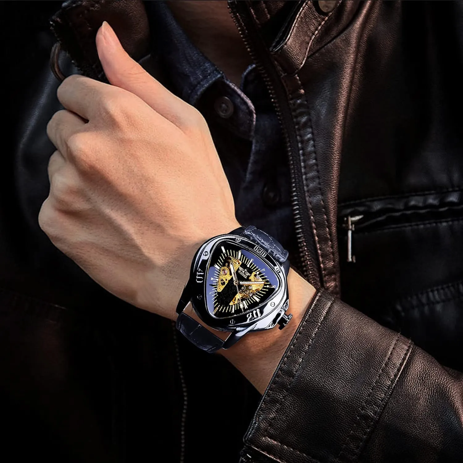 Movement Leather Design Mechanical Watch for Men Winner Fashion Mechanical Wrist Watch auction ultimatum Triangle Racing Dial, Waterproof Golden Skeleton Dial Automatic 