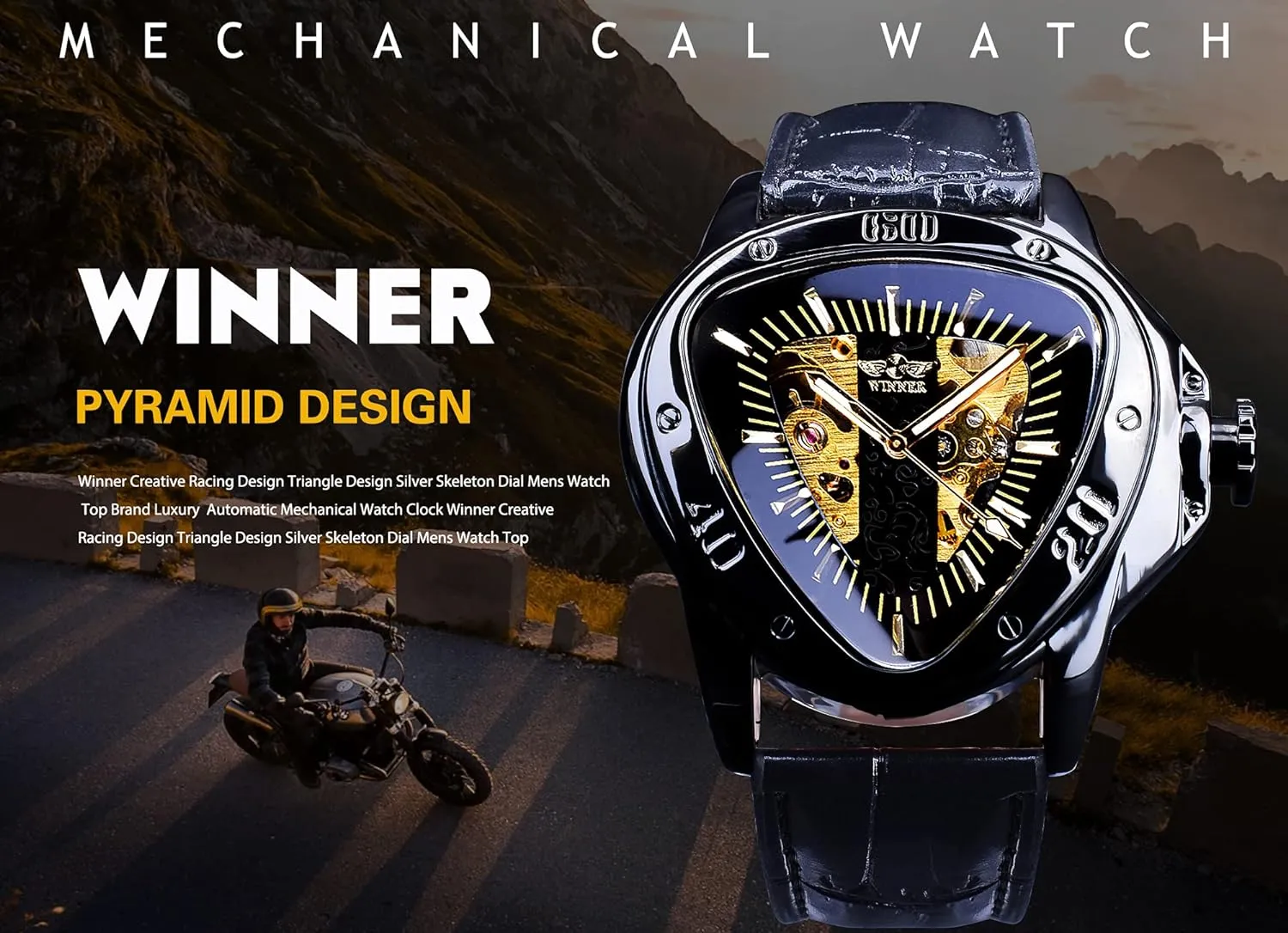 Movement Leather Design Mechanical Watch for Men Winner Fashion Mechanical Wrist Watch auction ultimatum Triangle Racing Dial, Waterproof Golden Skeleton Dial Automatic 