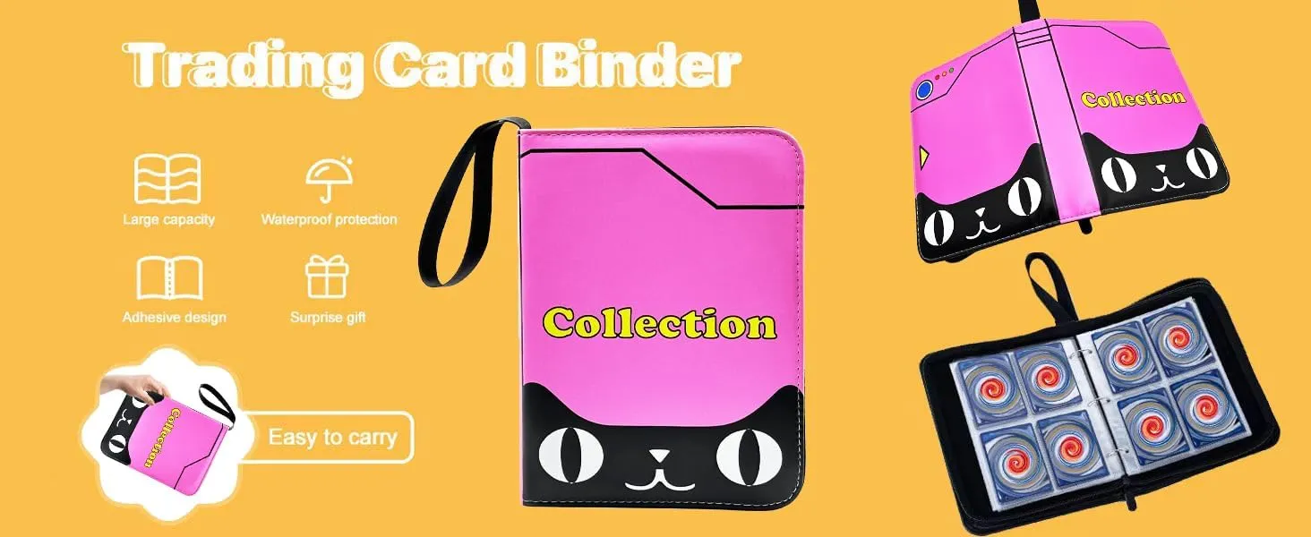 MTG,TCG, Game Sport Cards Album Holder With Zipper Gifts for Boys and Girls (900, pink-cat) Card Binder Collection Trading Albums correspond ethological costume excrete disruptive Fits 400/900 Cards with 50 Removable Sleeves, for 