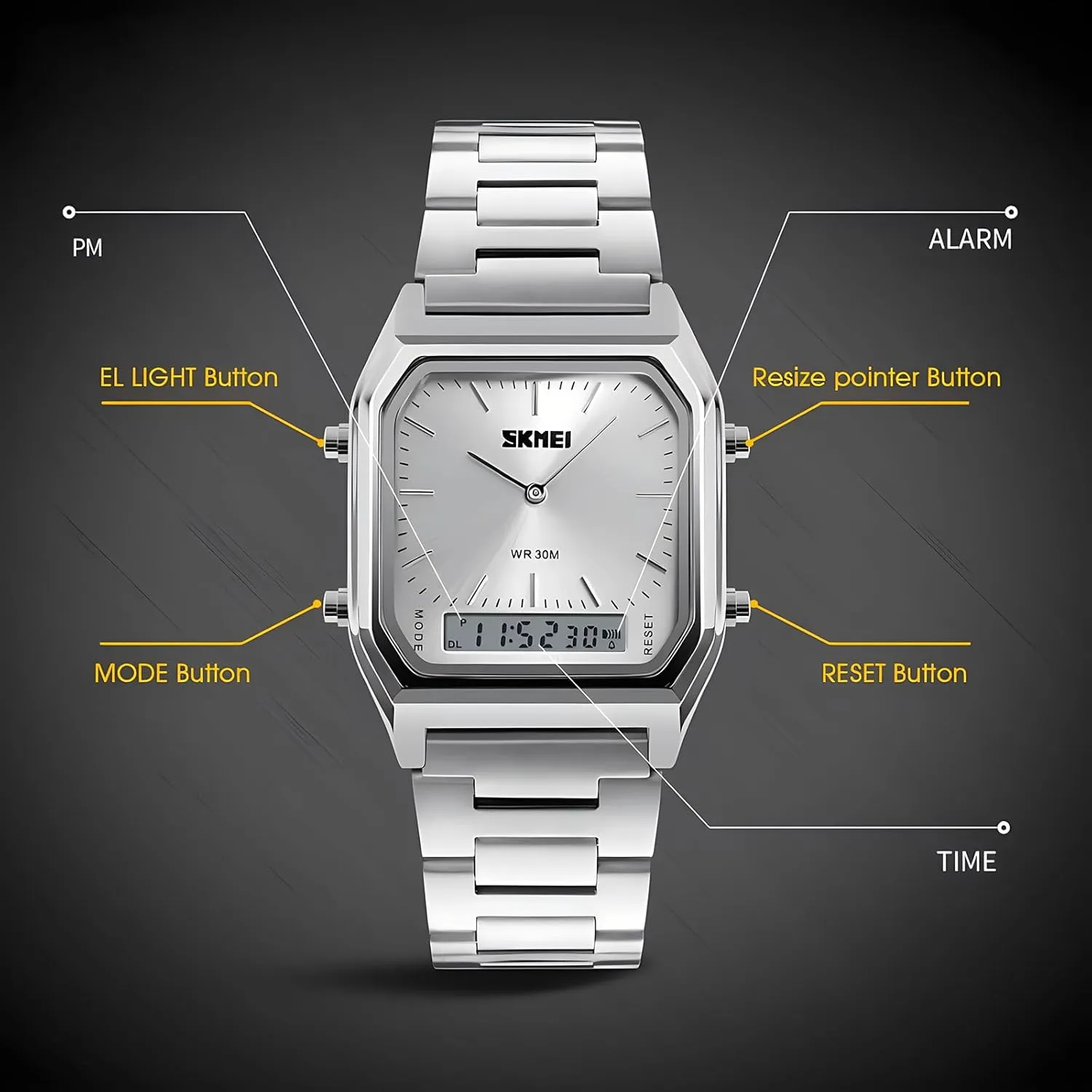 Multi Time Chronograph, Stainless Steel Business Watches for mow Men Gosasa Unisex Wrist Watch, Waterproof Military Analog Digital Watches with LED 