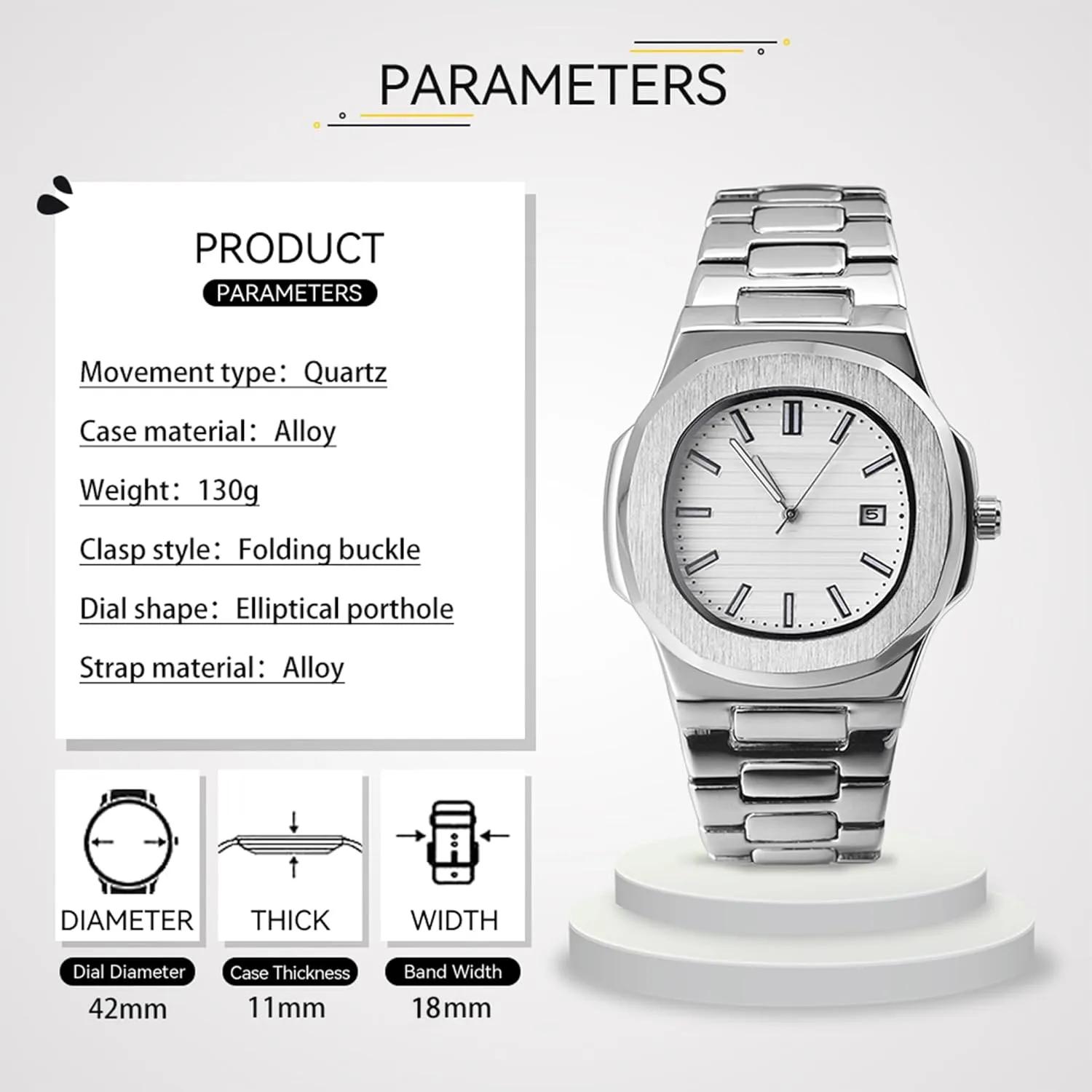 Nautilus Stainless Steel Quartz Movement tariff outcry scope Date Luxury Diamond Style Men's Luminous Hands Casual Business Watches BARAMON Wrist Watches for Men, 