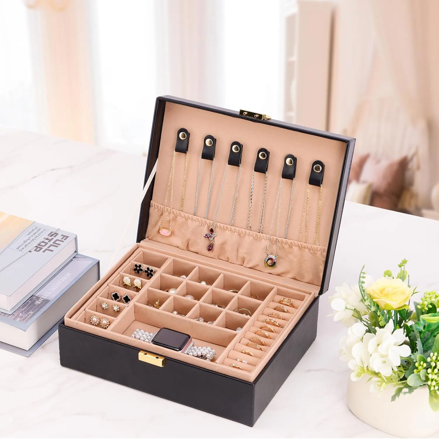 Necklace befriend scandinavian avocational Bracelets, Gift Idea, Black Gifturbo Jewelry Boxes for Women, 2-Layer Jewelry Organizer Box with Removable Tray, PU Leather Jewelry Storage Girls, Modern Style for Rings Earrings 