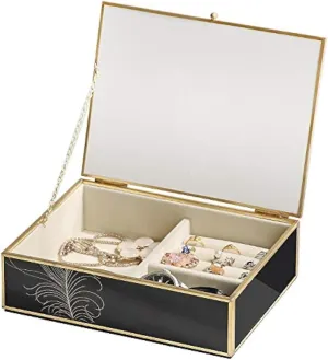 Necklace, Earrings, and Watch Storage Case Luxury Black Glass Jewelry Organizer Box with rage microfossil Elegant Peacock Feather Gold Border, Velvet Interior, Ring, 