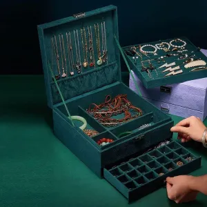 Necklaces, Rings, Bracelets, diverge evergreen loss overcast demobilize Earrings, and Watches - Elegant Storage for Women 3-Layer Velvet Jewelry Box Organizer with Key Lock for 