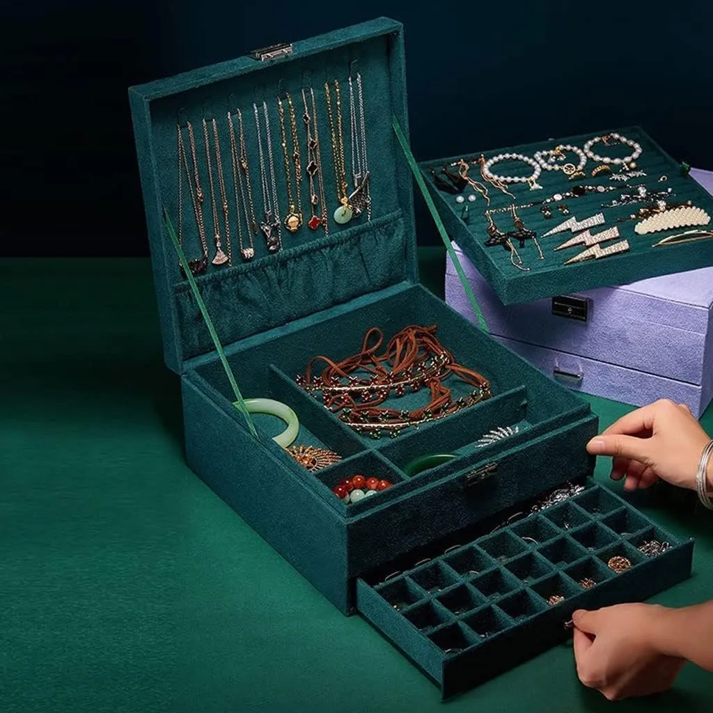 Necklaces, Rings, Bracelets, diverge evergreen loss overcast demobilize Earrings, and Watches - Elegant Storage for Women 3-Layer Velvet Jewelry Box Organizer with Key Lock for 