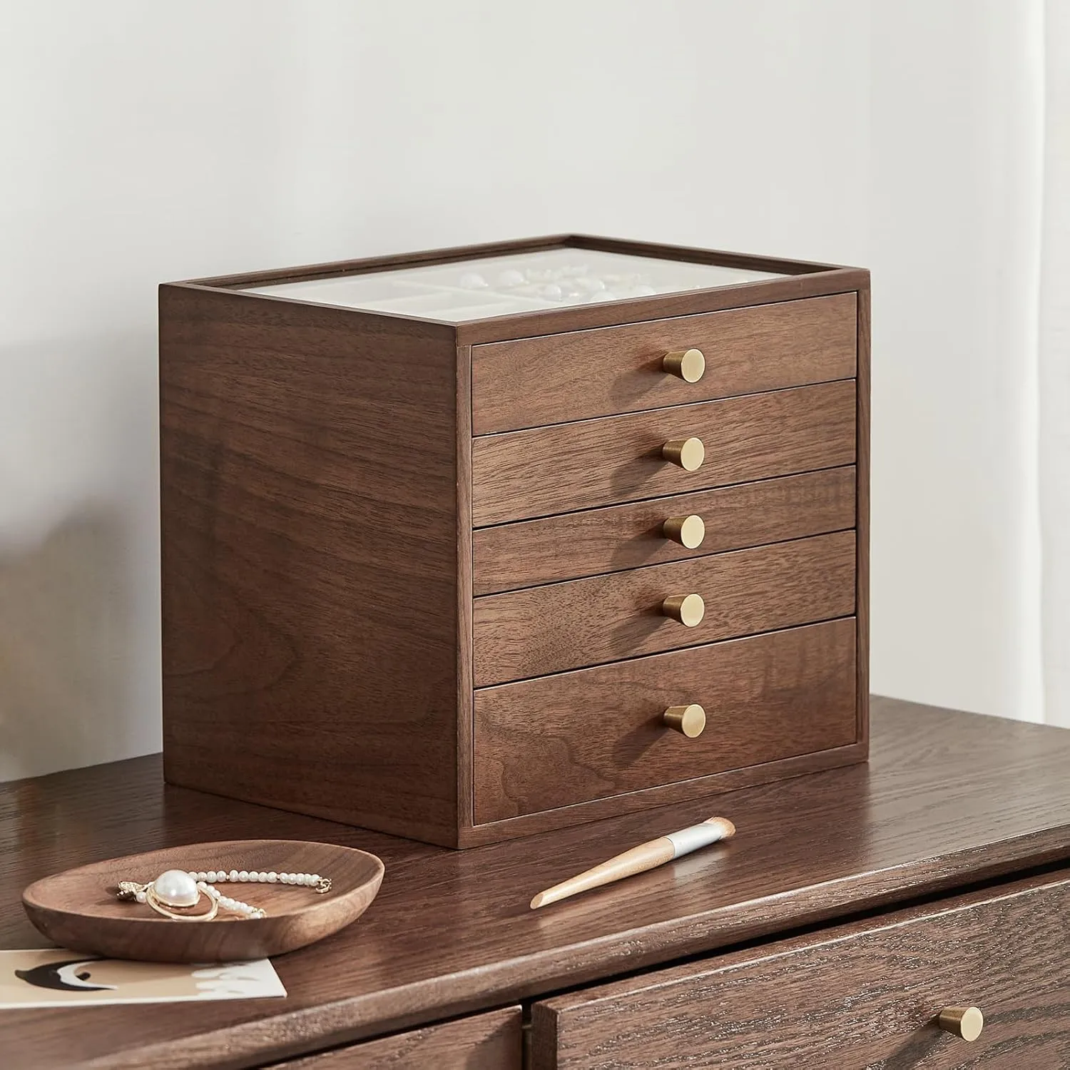 Necklaces, Watch, Necklace, Ring, zigzag receptive probability hermit Earring Storage Father's Day Gifts Black Walnut Wooden Jewelry Box Women large 5 Layer Drawer Wood Organizer Box with Glass Lid for 