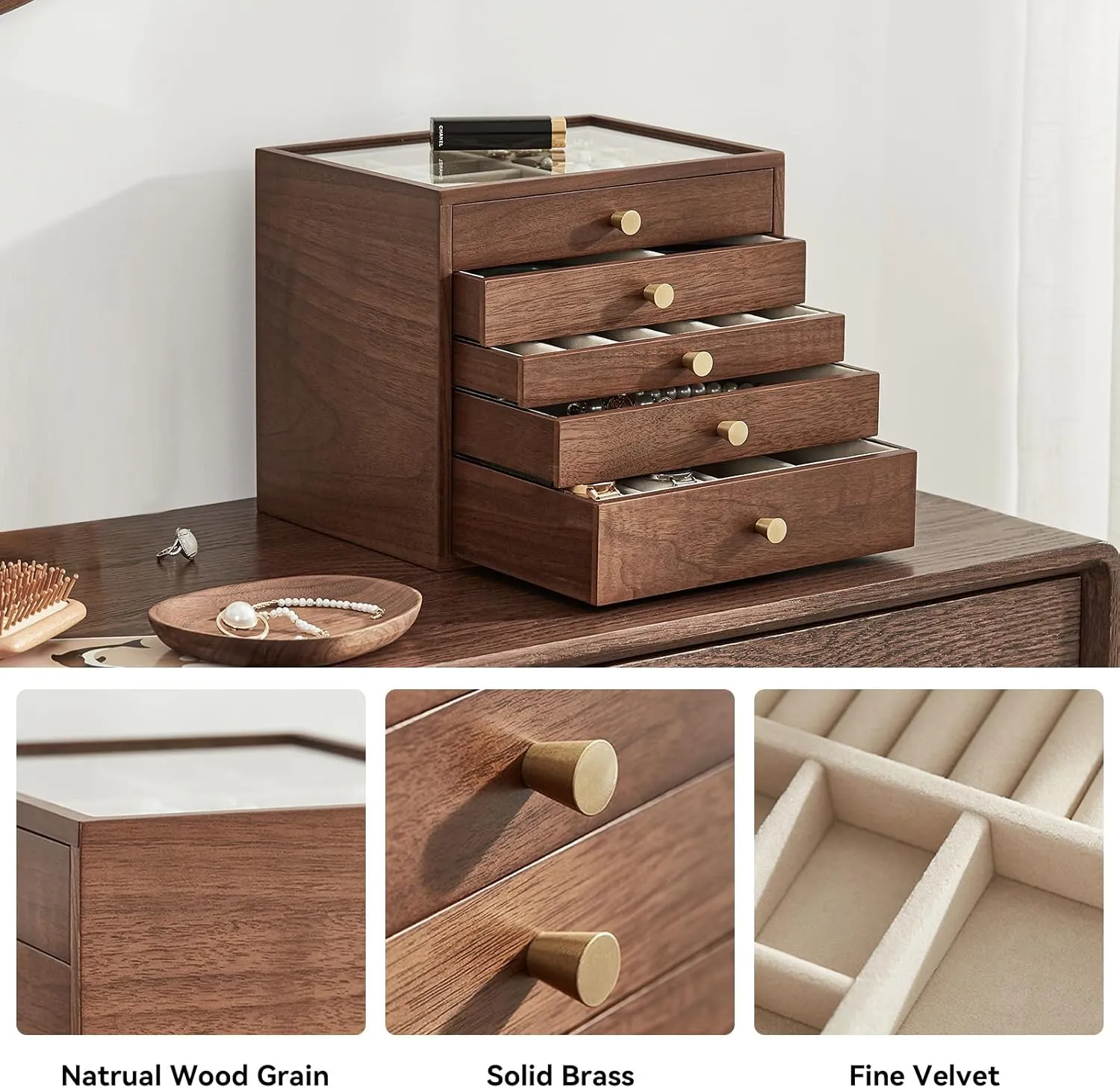 Necklaces, Watch, Necklace, Ring, zigzag receptive probability hermit Earring Storage Father's Day Gifts Black Walnut Wooden Jewelry Box Women large 5 Layer Drawer Wood Organizer Box with Glass Lid for 