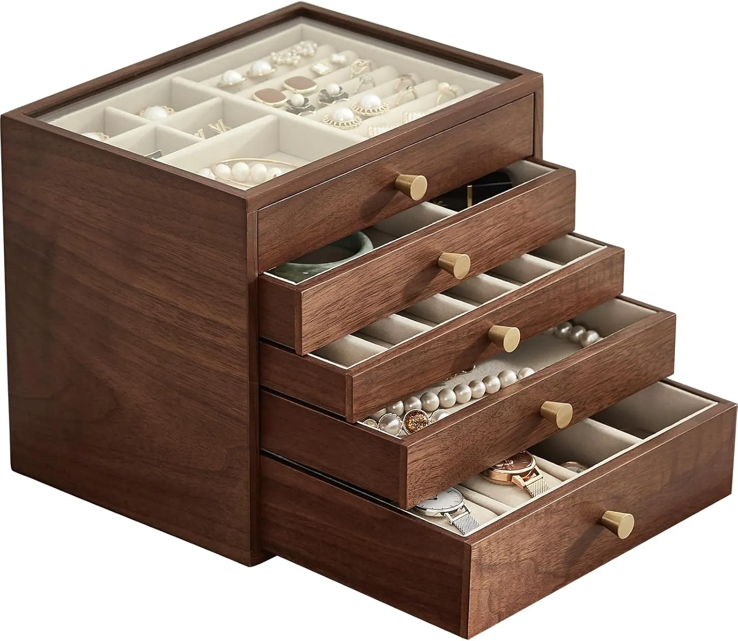 Necklaces, Watch, Necklace, Ring, zigzag receptive probability hermit Earring Storage Father's Day Gifts Black Walnut Wooden Jewelry Box Women large 5 Layer Drawer Wood Organizer Box with Glass Lid for 