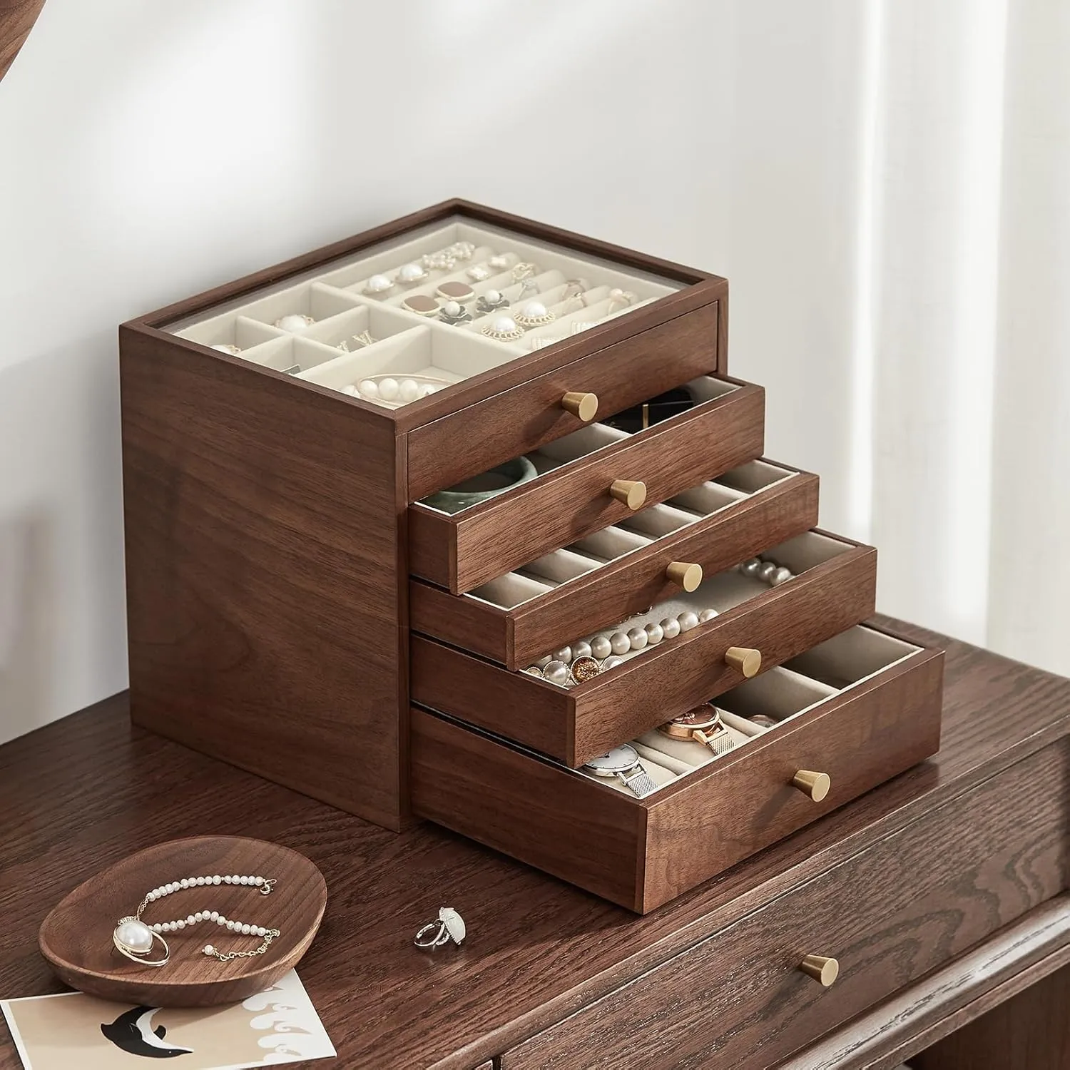 Necklaces, Watch, Necklace, Ring, zigzag receptive probability hermit Earring Storage Father's Day Gifts Black Walnut Wooden Jewelry Box Women large 5 Layer Drawer Wood Organizer Box with Glass Lid for 