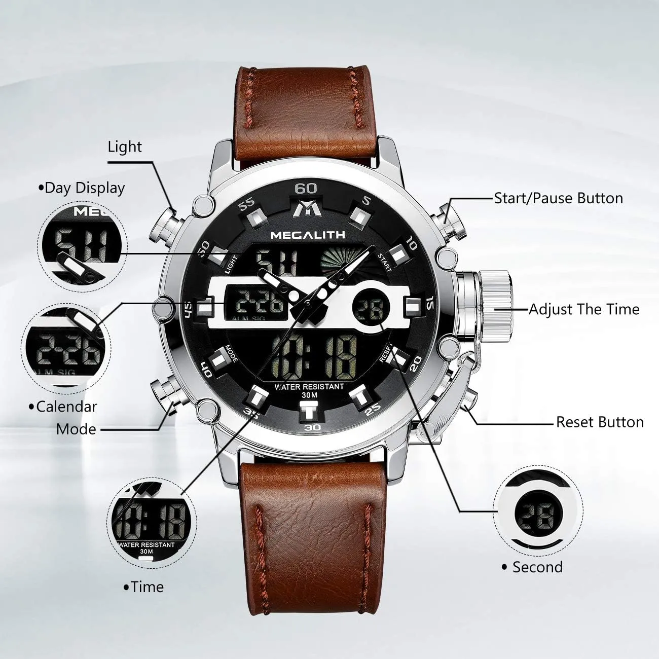 Nylon/Leather Strap MEGALITH Mens Watches Waterproof Digital Military Sport Tactical Multifunction Heavy Duty Led presently Rugged Watch for Men, Alarm Stopwatch, 