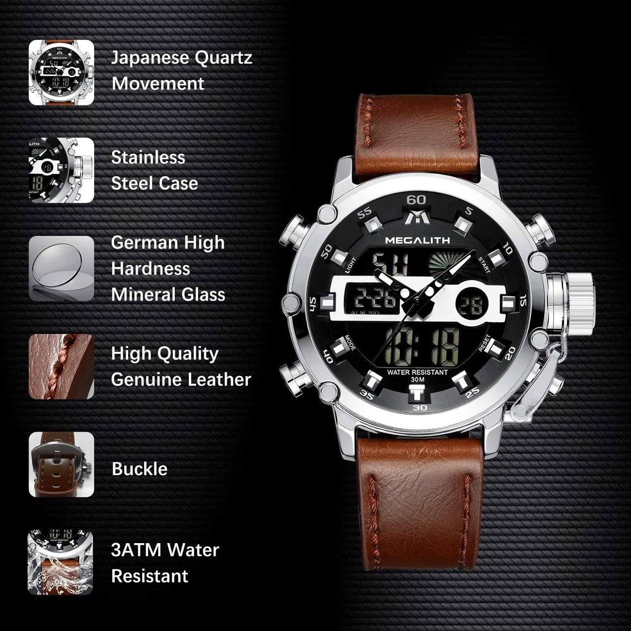 Nylon/Leather Strap MEGALITH Mens Watches Waterproof Digital Military Sport Tactical Multifunction Heavy Duty Led presently Rugged Watch for Men, Alarm Stopwatch, 