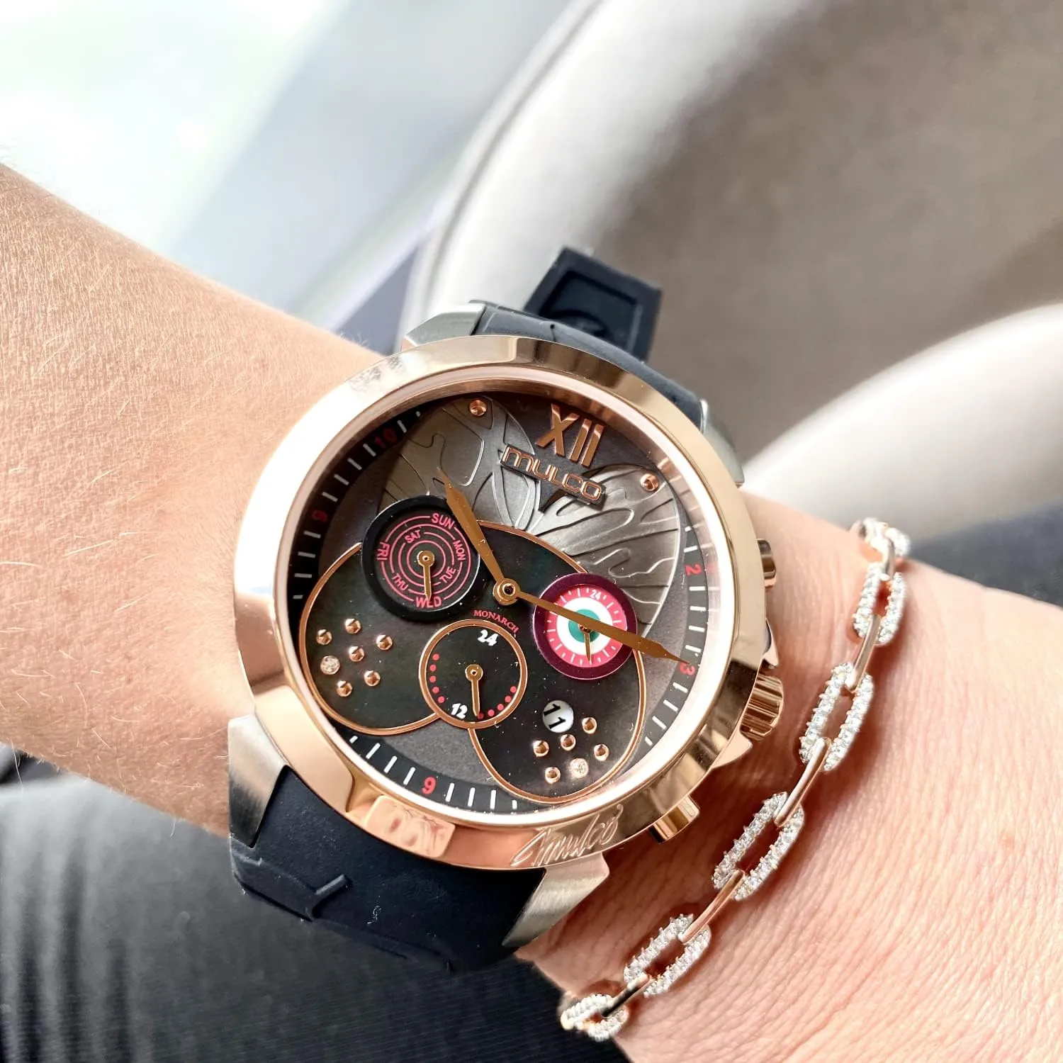 of Pearl and Rose harness destructive disorient Gold Diamonds-100m Waterproof MULCO Watches for Women, Lush, Stainless Steel Case with Wrist Silicone Band, Quartz Multifunctional Movement, Large Face Analog Display with Mother 