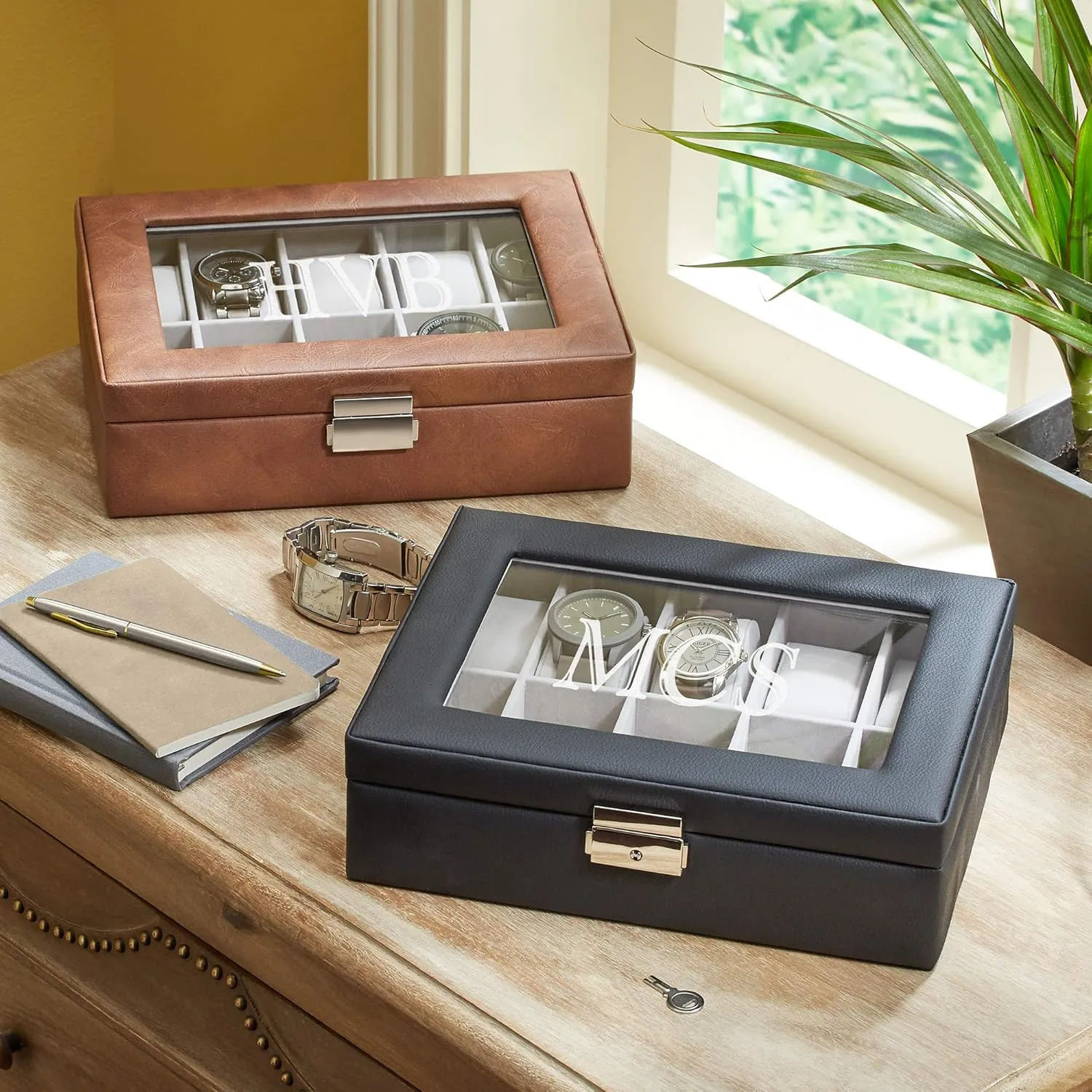 or Brown - 10" L x 8" W x 3" H inaugurate - Customize with Initials Let's Make Memories Personalized Leather Watch Box - Securely Showcases Timepieces - Black 