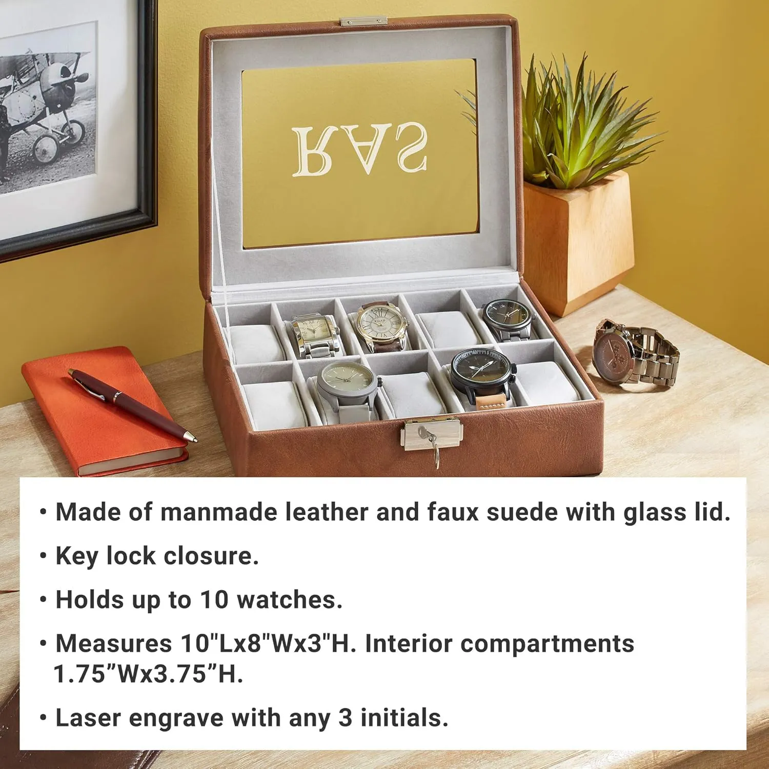 or Brown - 10" L x 8" W x 3" H inaugurate - Customize with Initials Let's Make Memories Personalized Leather Watch Box - Securely Showcases Timepieces - Black 