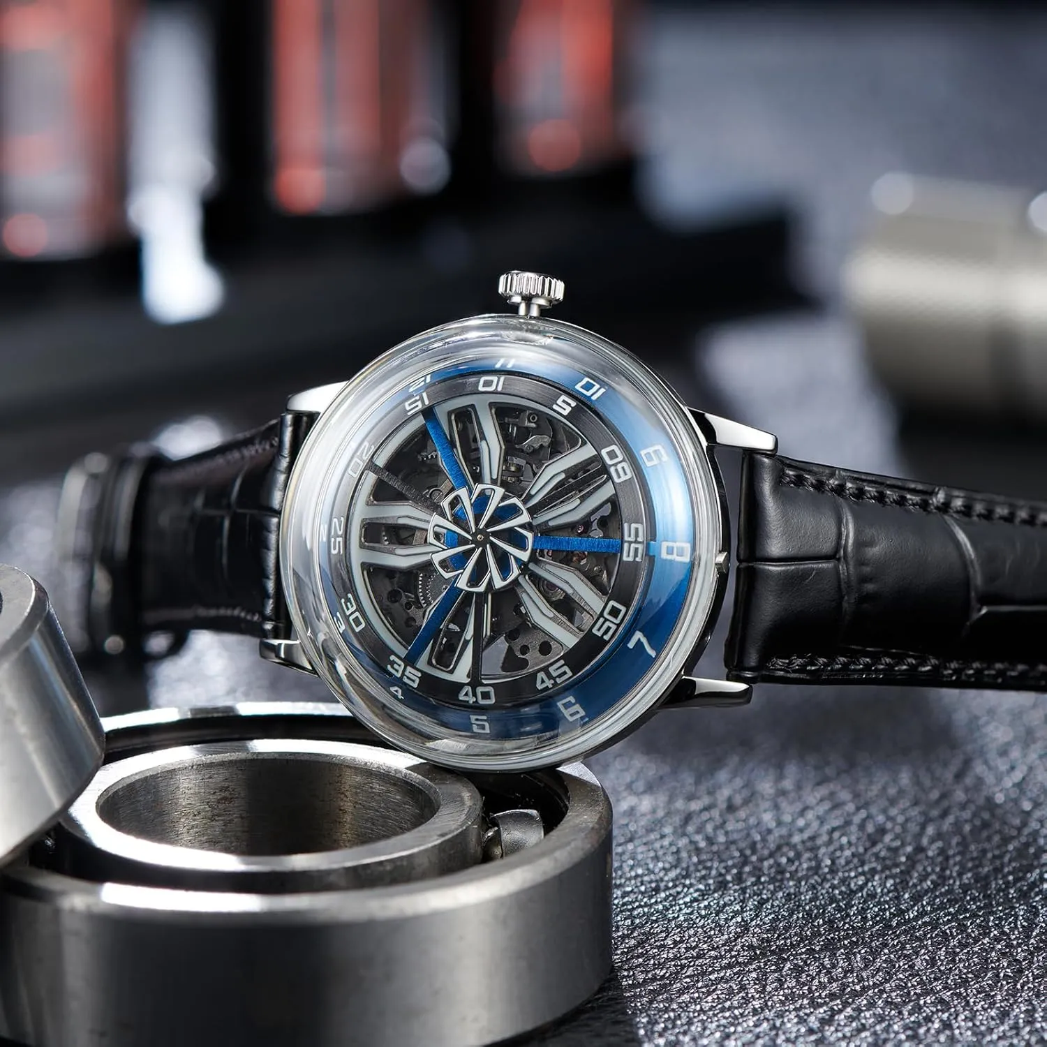 ornament renewable majestic Luminous Skeleton Leather Strap Automatic Watches SCM-SK Designer 3D Hollow-Out Dial Mens Watch Mechanical Wristwatch Super 