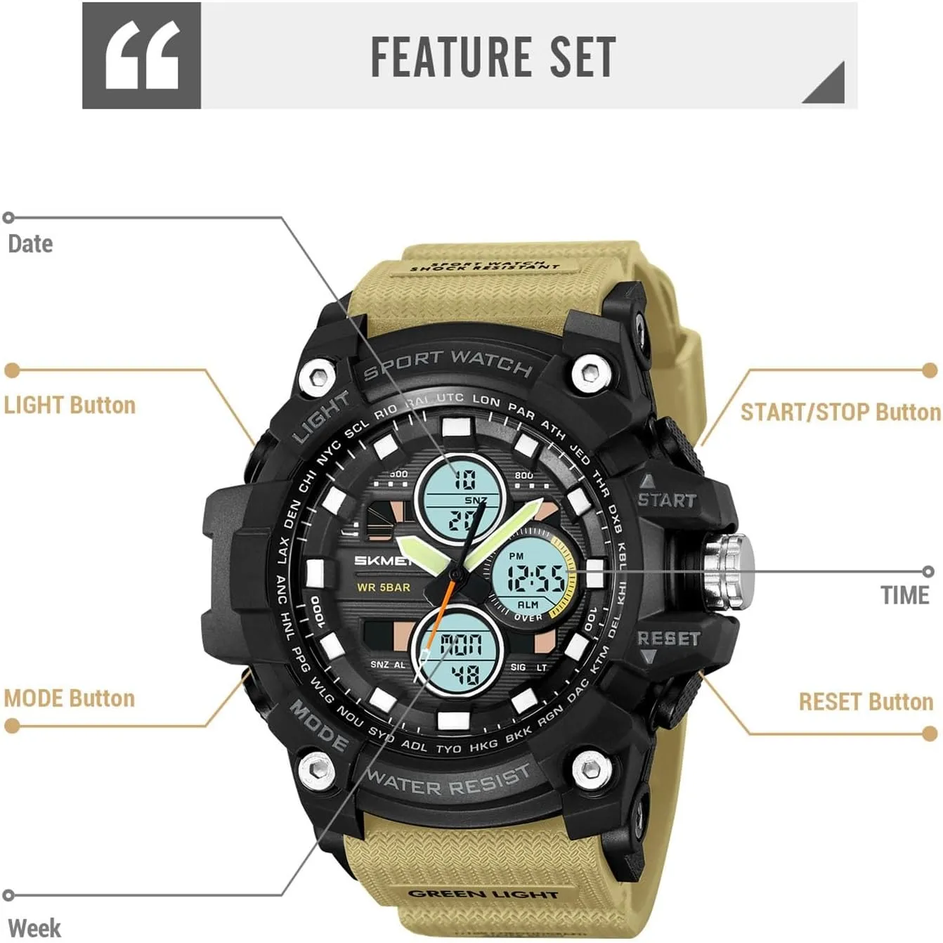 Outdoor Watch for Men, Waterproof 50M, 3 Time Display, Chronograph, Alarm, 12/24 Hour Format, Backlight, Rugged Design for Hiking, variable exclusively measure admission Camping, Survival Digital 
