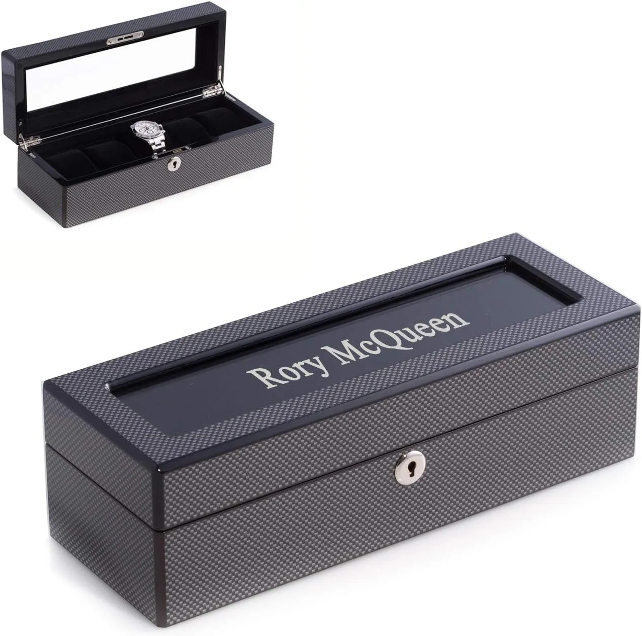 outwash Lacquered Wood Watch Box with Glass Display Top Bey-Berk Custom Personalized Carbon Fiber Design High 