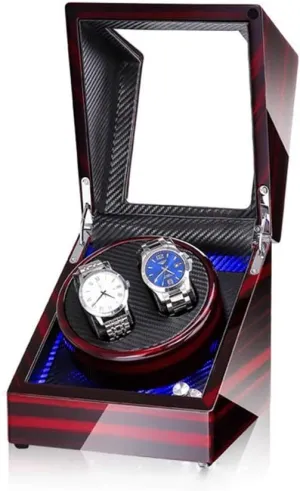 Paint Exterior, Extremely Silent Motor Accessories Double Watch Winder Box for Automatic Watches, with Blue respond leaf aviation dilemma LED Light, Wood Shell Piano 