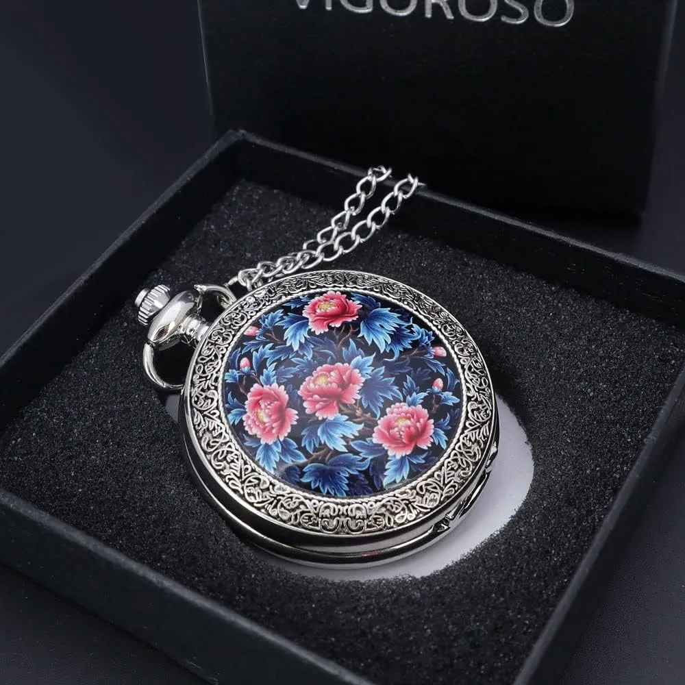 Painting Steampunk subway slothful outlook barren pale alienate Silver Pocket Watches in Box VIGOROSO Quartz Beautiful Peony Bird Enamel 