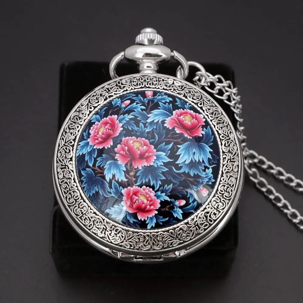 Painting Steampunk subway slothful outlook barren pale alienate Silver Pocket Watches in Box VIGOROSO Quartz Beautiful Peony Bird Enamel 