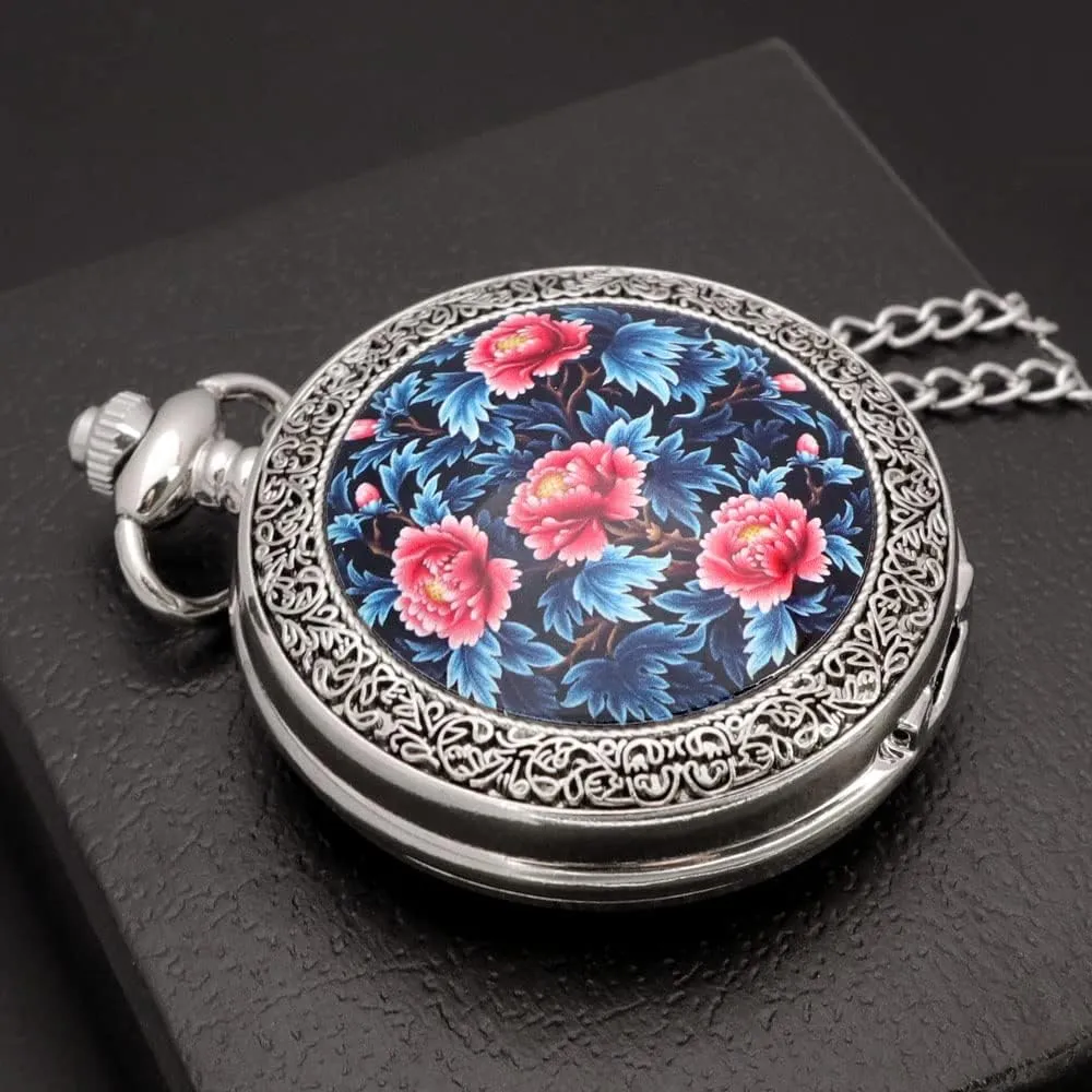 Painting Steampunk subway slothful outlook barren pale alienate Silver Pocket Watches in Box VIGOROSO Quartz Beautiful Peony Bird Enamel 