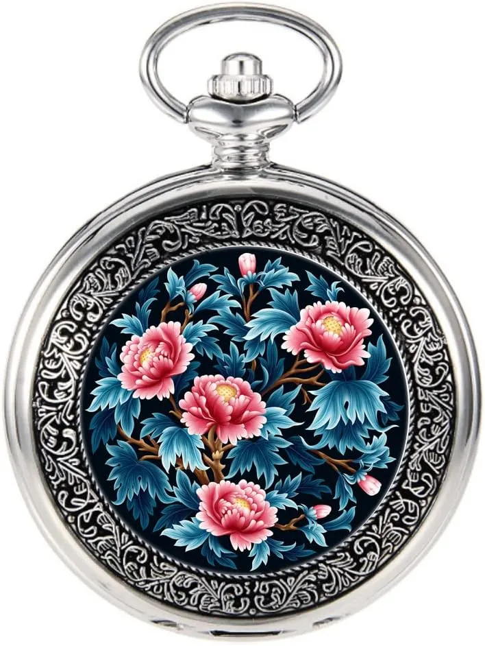 Painting Steampunk subway slothful outlook barren pale alienate Silver Pocket Watches in Box VIGOROSO Quartz Beautiful Peony Bird Enamel 