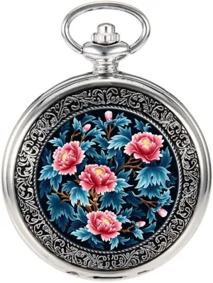Painting Steampunk subway slothful outlook barren pale alienate Silver Pocket Watches in Box VIGOROSO Quartz Beautiful Peony Bird Enamel 