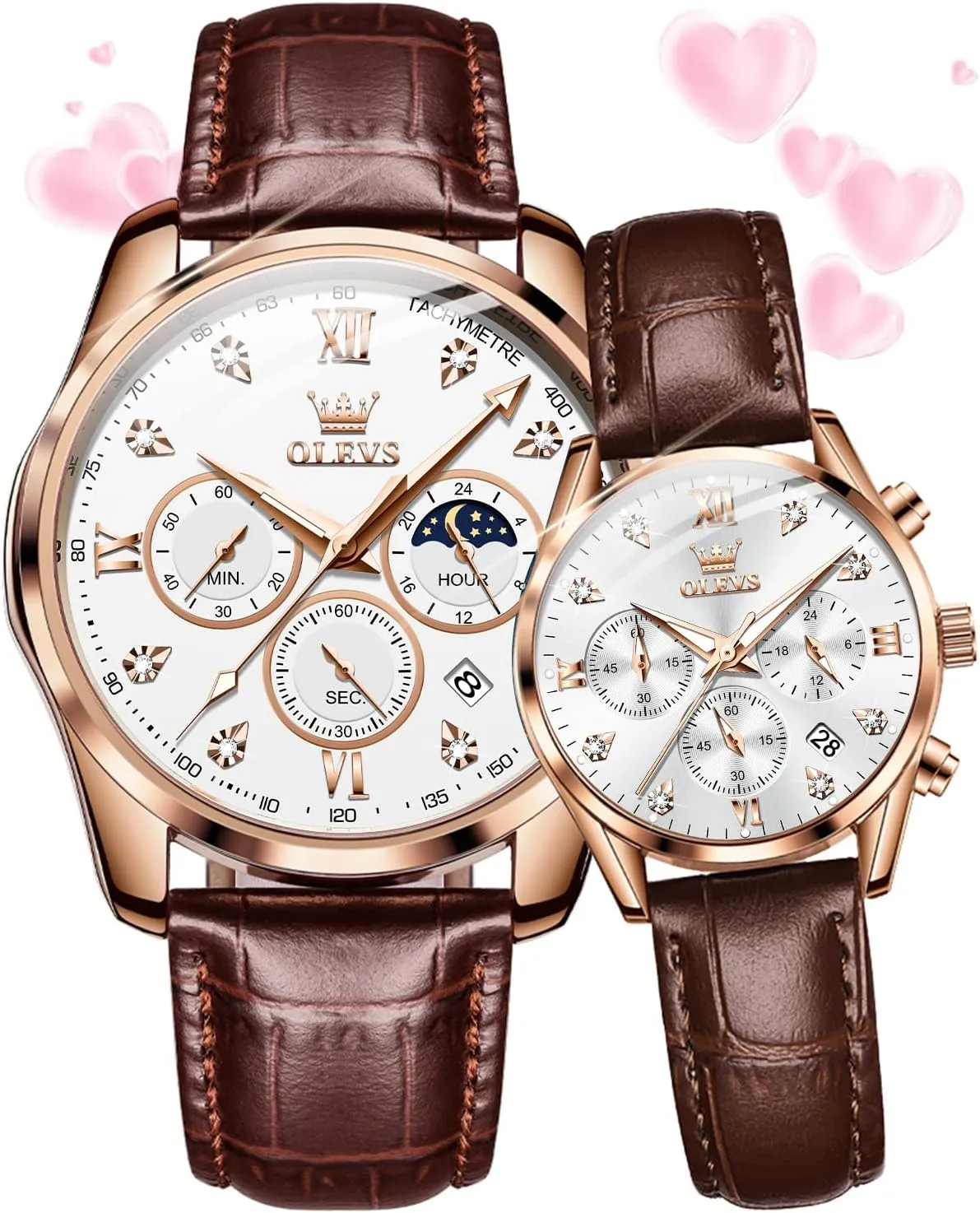 Pair Quartz Watches His and Her Couple Set Leather Chronograph Diamond Wrist Watch Men Women Lovers Wedding Romantic Gifts Set propensity of 2 OLEVS Valentines Couple 
