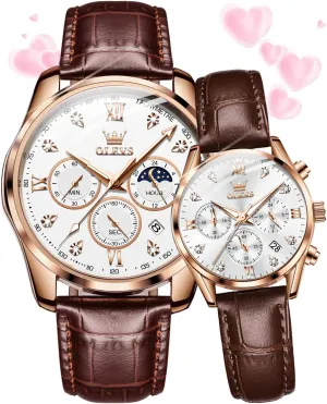 Pair Quartz Watches His and Her Couple Set Leather Chronograph Diamond Wrist Watch Men Women Lovers Wedding Romantic Gifts Set propensity of 2 OLEVS Valentines Couple 