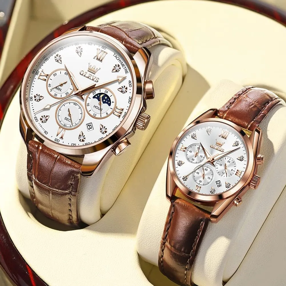 Pair Quartz Watches His and Her Couple Set Leather Chronograph Diamond Wrist Watch Men Women Lovers Wedding Romantic Gifts Set propensity of 2 OLEVS Valentines Couple 