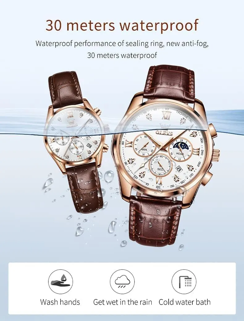 Pair Quartz Watches His and Her Couple Set Leather Chronograph Diamond Wrist Watch Men Women Lovers Wedding Romantic Gifts Set propensity of 2 OLEVS Valentines Couple 