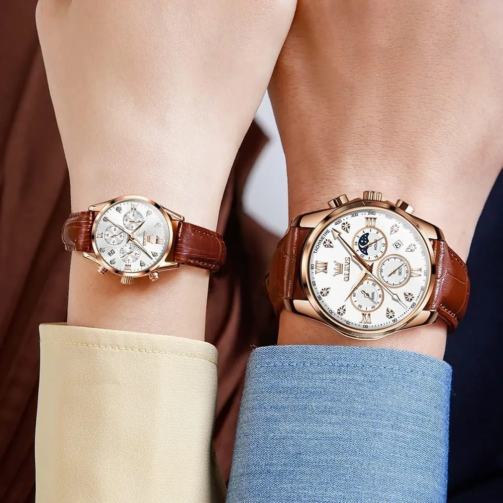 Pair Quartz Watches His and Her Couple Set Leather Chronograph Diamond Wrist Watch Men Women Lovers Wedding Romantic Gifts Set propensity of 2 OLEVS Valentines Couple 