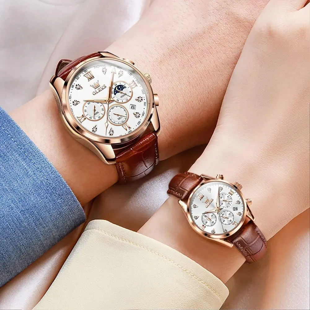 Pair Quartz Watches His and Her Couple Set Leather Chronograph Diamond Wrist Watch Men Women Lovers Wedding Romantic Gifts Set propensity of 2 OLEVS Valentines Couple 