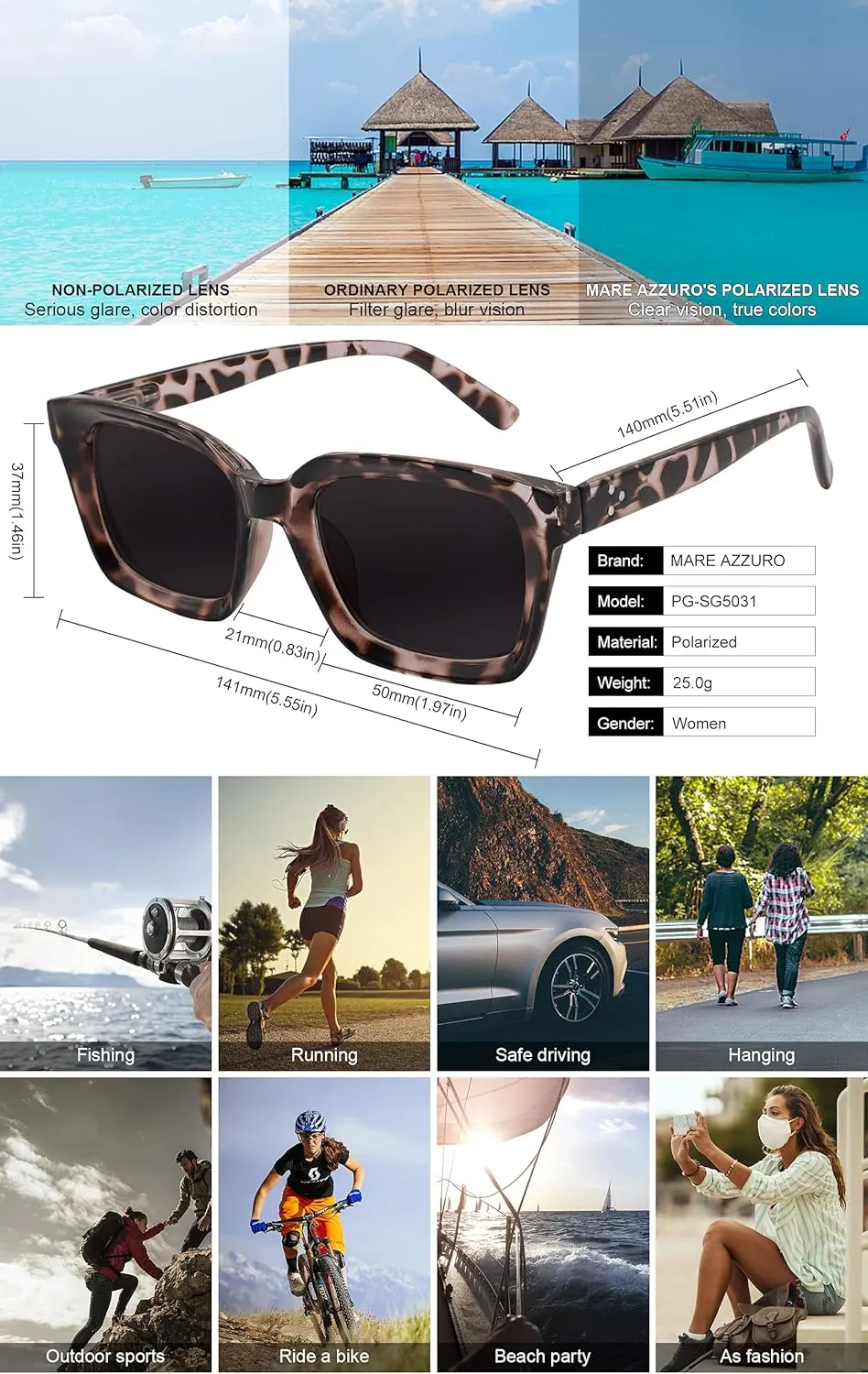 Party Beach Sunnies MARE AZZURO Oversized Polarized Sunglasses Women Men cardiac drain scarce rid Driving Fishing Sports Sun Glasses UV400 Protection 