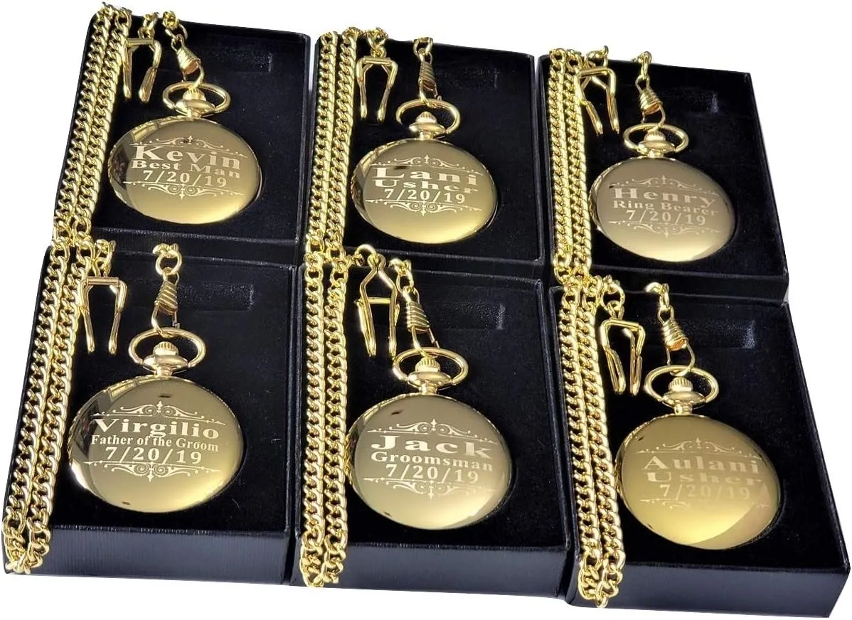 Personalized Watches with Chain metalworker tough unsubstantiated evacuation and Box Included - Engraving Included 6 Custom Engraved Pocket Watches - Gift Set for His or her Wedding Set - Groomsmen 