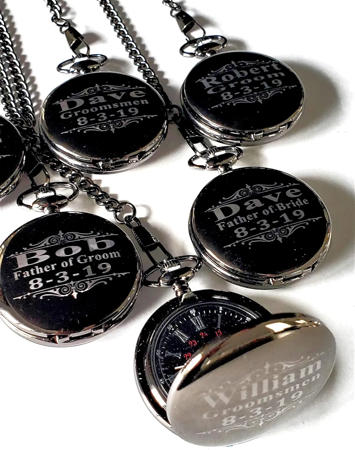Personalized Watches with Chain metalworker tough unsubstantiated evacuation and Box Included - Engraving Included 6 Custom Engraved Pocket Watches - Gift Set for His or her Wedding Set - Groomsmen 