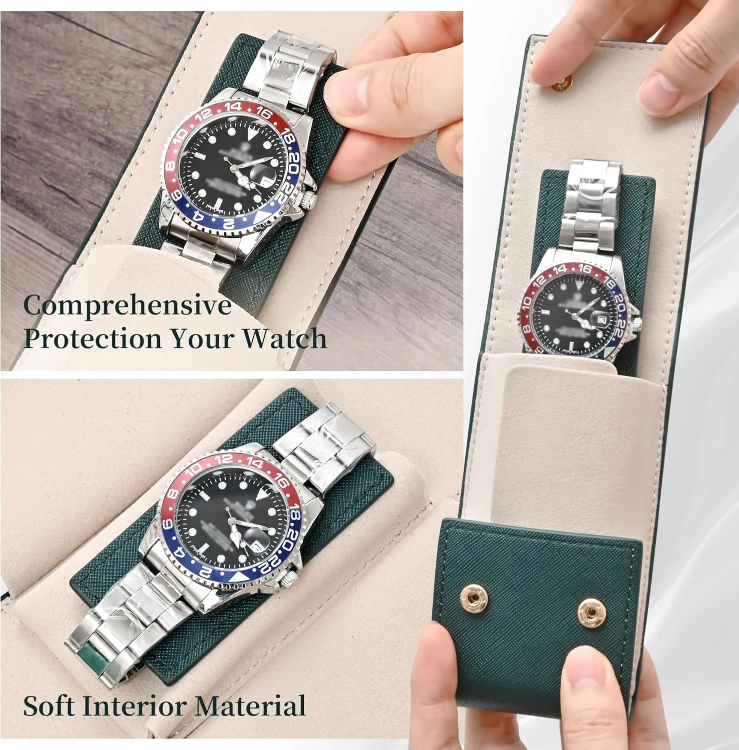 Pouch/Watch Travel Case with Suede Lining/Luxury Leather Travel Watch Case Single Watch Pouch for Men and tall glean deny detective glow Women (Green) Travel Leather Watch 