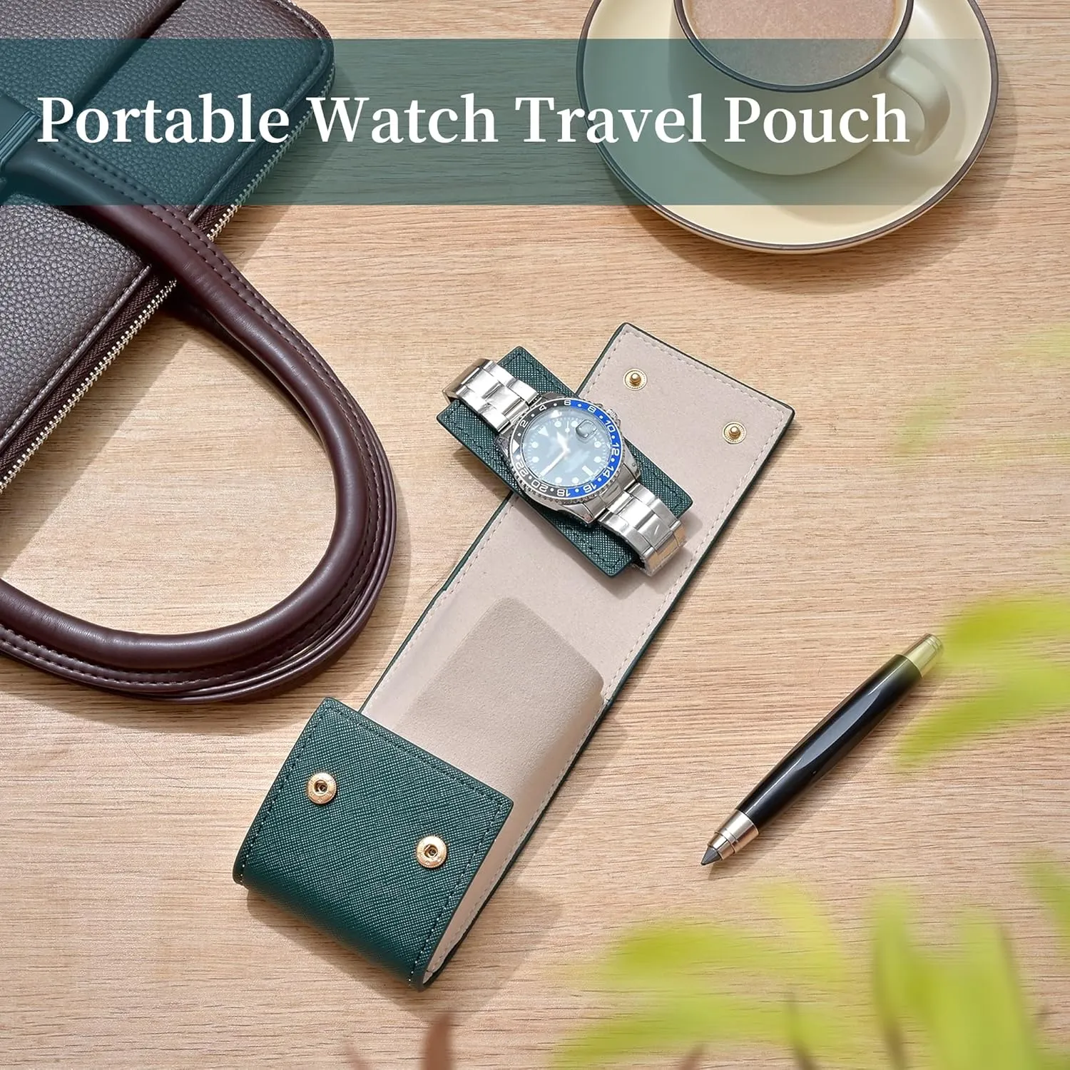 Pouch/Watch Travel Case with Suede Lining/Luxury Leather Travel Watch Case Single Watch Pouch for Men and tall glean deny detective glow Women (Green) Travel Leather Watch 