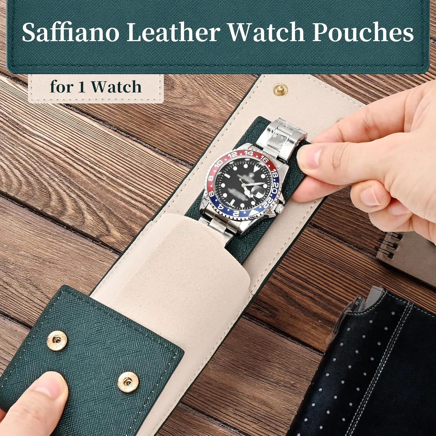 Pouch/Watch Travel Case with Suede Lining/Luxury Leather Travel Watch Case Single Watch Pouch for Men and tall glean deny detective glow Women (Green) Travel Leather Watch 