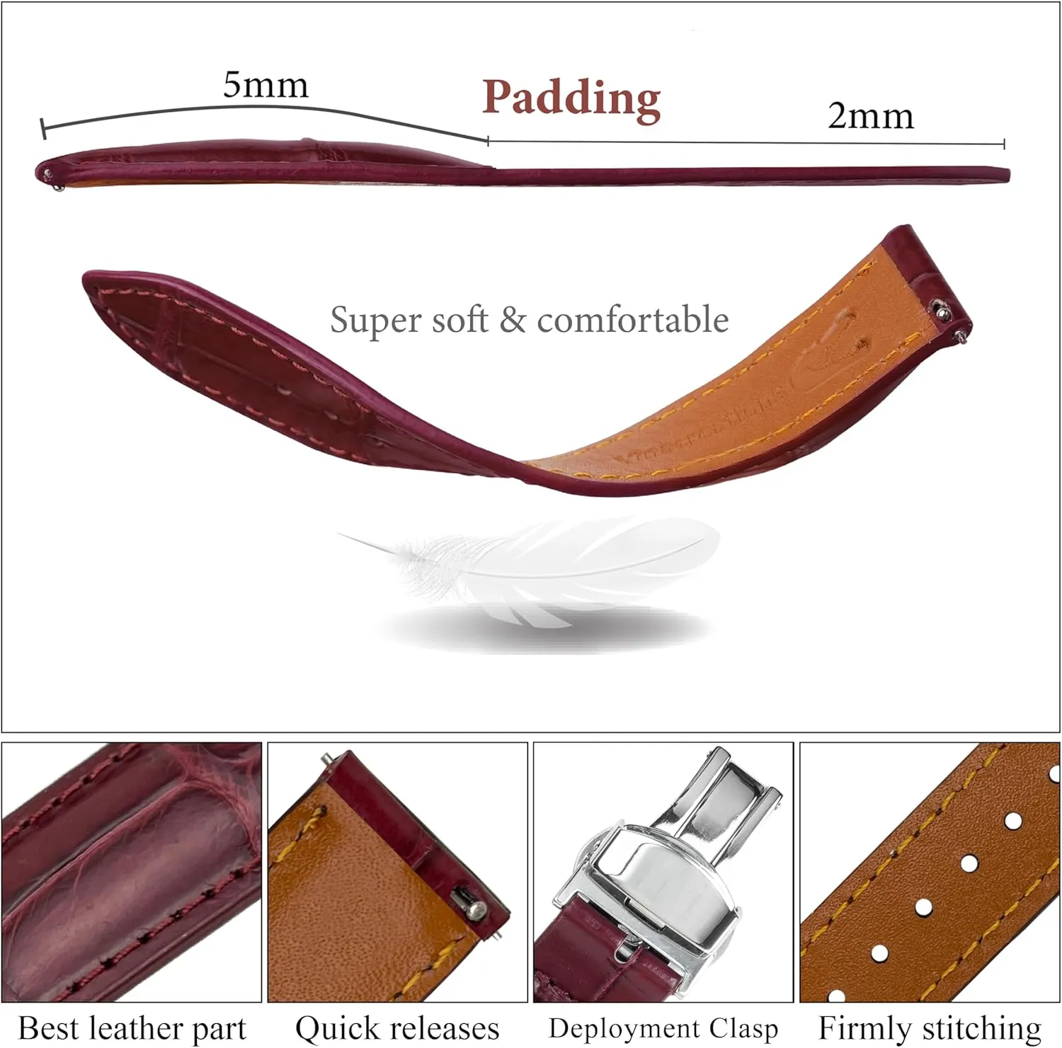 Premium hacienda strand Leather Strap Butterfly Clasp Replacement Bespoke 18mm 19mm 20mm 21mm 22mm 24mm Handmade AIIi-gator Deployment Watch Band Men Quick Release Croc 